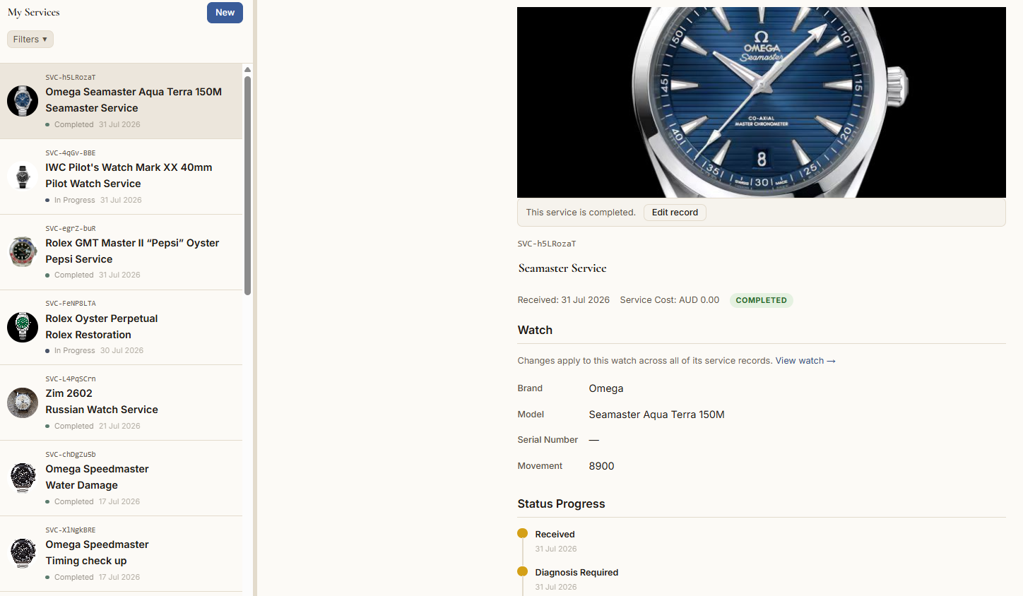 The My Services screen: a list of service jobs on the left, and on the right the full record for an Omega Seamaster Aqua Terra service — movement photo, watch details and a dated status progress trail.
