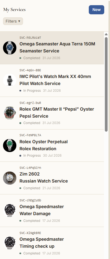 The My Services list on a narrow phone screen, each job showing its reference, watch, service name and completion status.