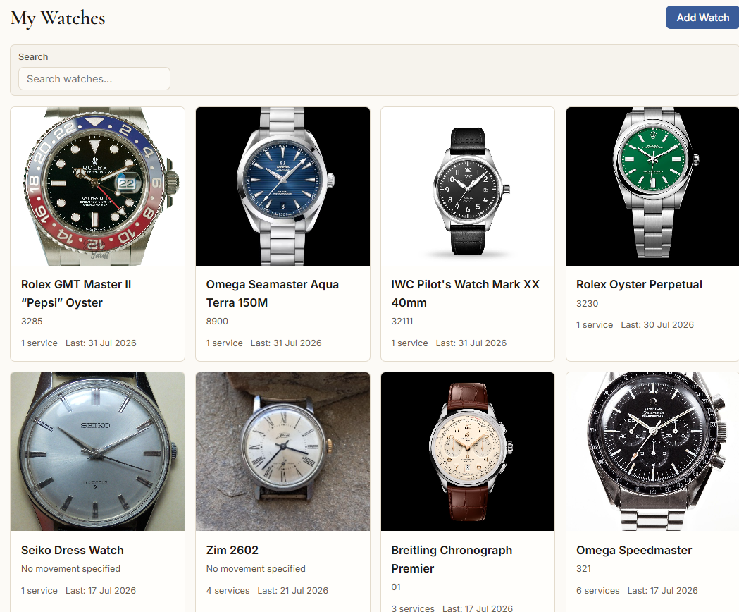 The My Watches screen: a searchable grid of watch cards, each with a photo, model, movement calibre, service count and the date it was last serviced.